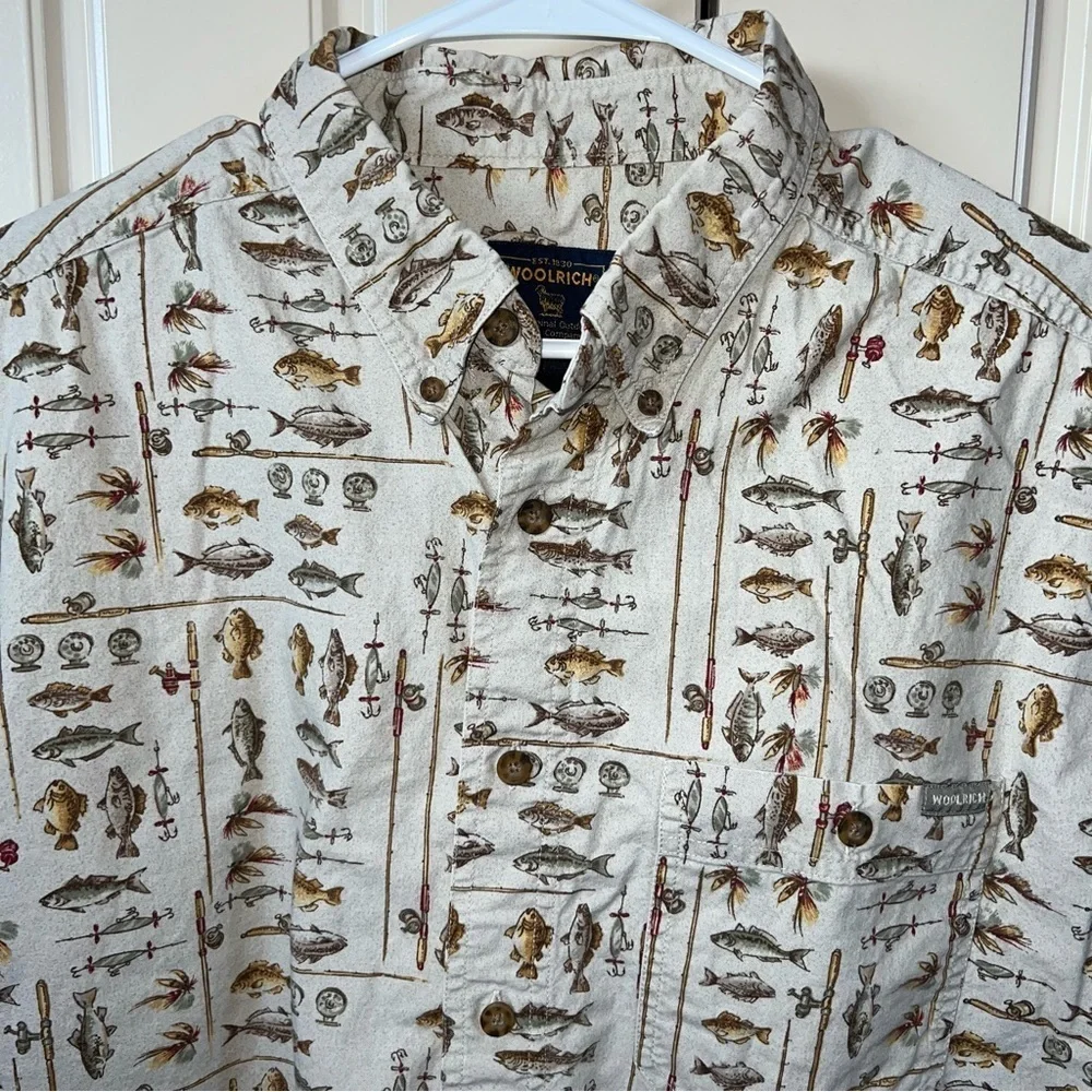 Woolrich Vintage Khaki Freshwater Fish Button Front Short Sleeve Shirt Size XL - Picture 2 of 12
